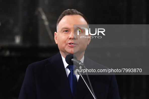 President of Poland Andrzej Duda speaks during a burial service of Polish composer and conductor Krzysztof Penderecki at St. Peter and Paul...