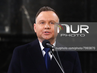 President of Poland Andrzej Duda speaks during a burial service of Polish composer and conductor Krzysztof Penderecki at St. Peter and Paul...