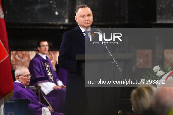 President of Poland Andrzej Duda speaks during a burial service of Polish composer and conductor Krzysztof Penderecki at St. Peter and Paul...