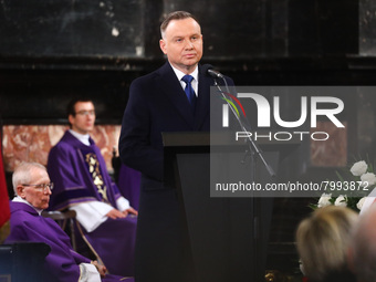 President of Poland Andrzej Duda speaks during a burial service of Polish composer and conductor Krzysztof Penderecki at St. Peter and Paul...