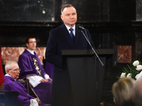 President of Poland Andrzej Duda speaks during a burial service of Polish composer and conductor Krzysztof Penderecki at St. Peter and Paul...