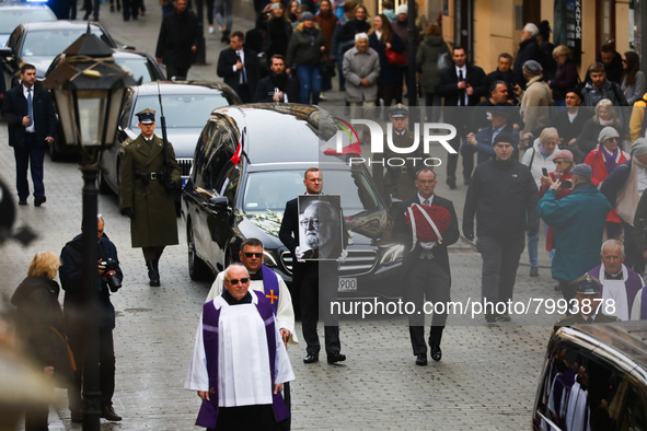 A photo of Polish composer and conductor Krzysztof Penderecki is carried during the funeral procession which walked through the Old Town in...