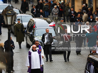 A photo of Polish composer and conductor Krzysztof Penderecki is carried during the funeral procession which walked through the Old Town in...