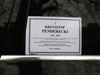 A death notice of Polish composer and conductor Krzysztof Penderecki is seen during aburial service in Krakow, Poland on March 29, 2022. Krz...