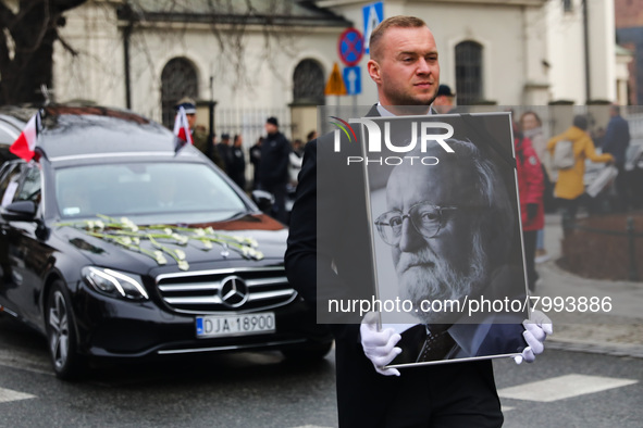 A photo of Polish composer and conductor Krzysztof Penderecki is carried during the funeral procession which walked through the Old Town in...