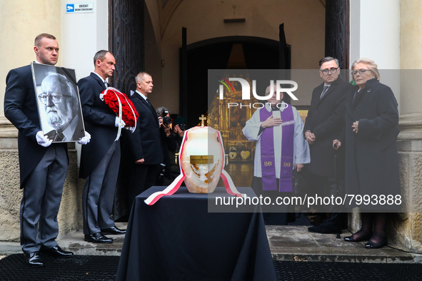 Elzbieta Penderecka, Krzysztof Penderecki's widow, is seen standing next to the urn with ashes and a photo of Polish composer and conductor,...