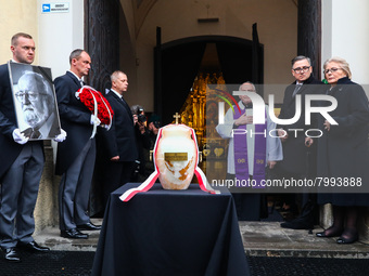 Elzbieta Penderecka, Krzysztof Penderecki's widow, is seen standing next to the urn with ashes and a photo of Polish composer and conductor,...