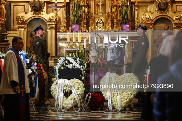 The urn with ashes and a photo of Polish composer and conductor Krzysztof Penderecki is seen during a burial service at St. Florian's Church...