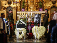 The urn with ashes and a photo of Polish composer and conductor Krzysztof Penderecki is seen during a burial service at St. Florian's Church...