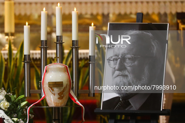 The urn with ashes and a photo of Polish composer and conductor Krzysztof Penderecki is seen during a burial service at St. Florian's Church...