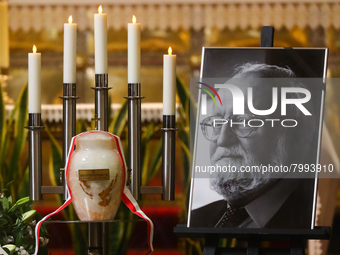 The urn with ashes and a photo of Polish composer and conductor Krzysztof Penderecki is seen during a burial service at St. Florian's Church...