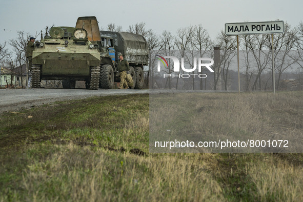 Armored vehicle of the russian army captured by the ukrainian army in Mala Rohan, in the outskirts of Kharkiv, Ukraine. 