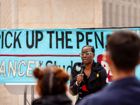 Former Congressional candidate Nina Turner speaks at a rally to cancel student debt at the Department of Education.  Students took part in a...