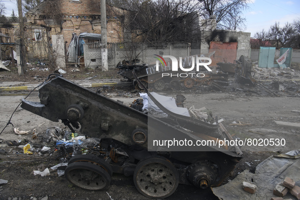 Street with destroyed Russian military machinery in the recaptured by the Ukrainian army Bucha city near Kyiv, Ukraine, 04 April 2022. 