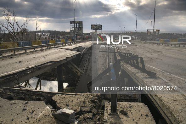 A damaged bridge in the recaptured by the Ukrainian army Bucha city near Kyiv, Ukraine, 04 April 2022. 