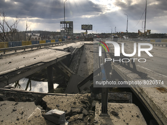 A damaged bridge in the recaptured by the Ukrainian army Bucha city near Kyiv, Ukraine, 04 April 2022. (