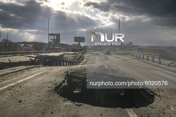 A damaged bridge in the recaptured by the Ukrainian army Bucha city near Kyiv, Ukraine, 04 April 2022. 