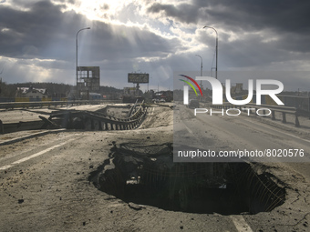 A damaged bridge in the recaptured by the Ukrainian army Bucha city near Kyiv, Ukraine, 04 April 2022. (