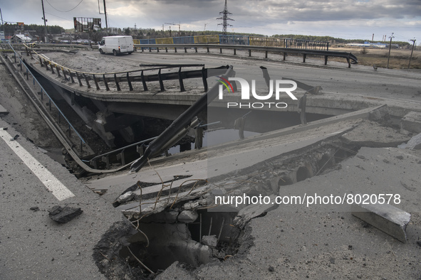 A damaged bridge in the recaptured by the Ukrainian army Bucha city near Kyiv, Ukraine, 04 April 2022. 