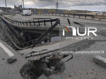 A damaged bridge in the recaptured by the Ukrainian army Bucha city near Kyiv, Ukraine, 04 April 2022. (