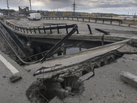 A damaged bridge in the recaptured by the Ukrainian army Bucha city near Kyiv, Ukraine, 04 April 2022. (