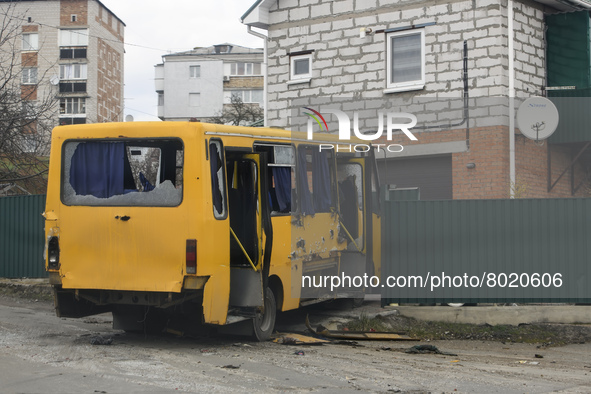 Destroyed civil vehicle  near a damaged residential building in the recaptured by the Ukrainian army Bucha city near Kyiv, Ukraine, 04 April...