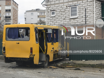 Destroyed civil vehicle  near a damaged residential building in the recaptured by the Ukrainian army Bucha city near Kyiv, Ukraine, 04 April...