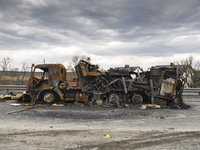 Destroyed Russian military machinery on a damaged bridge in the recaptured by the Ukrainian army Bucha city near Kyiv, Ukraine, 04 April 202...