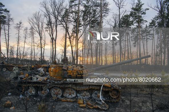 Destroyed Russian military machinery in the recaptured by the Ukrainian army Dmitrovka village near Kyiv, Ukraine, 04 April 2022. 