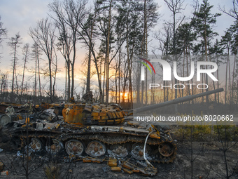 Destroyed Russian military machinery in the recaptured by the Ukrainian army Dmitrovka village near Kyiv, Ukraine, 04 April 2022. (