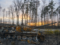 Destroyed Russian military machinery in the recaptured by the Ukrainian army Dmitrovka village near Kyiv, Ukraine, 04 April 2022. (