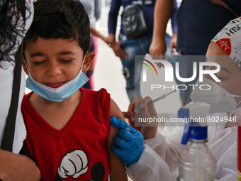 A health system personnel applies a dose of anti-Covid-19 vaccine to a child in the La Parada sector, near the city of Cúcuta on the Colombi...