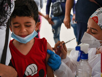 A health system personnel applies a dose of anti-Covid-19 vaccine to a child in the La Parada sector, near the city of Cúcuta on the Colombi...