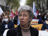 Isabel Camarinha from CGTP, General Confederation of Portuguese Workers in front of the Ministry of Health manifests itself in better condit...