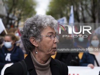 Isabel Camarinha from CGTP, General Confederation of Portuguese Workers in front of the Ministry of Health manifests itself in better condit...