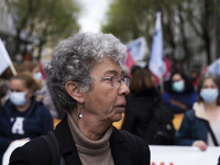 Isabel Camarinha from CGTP, General Confederation of Portuguese Workers in front of the Ministry of Health manifests itself in better condit...