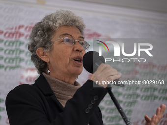 Isabel Camarinha from CGTP, General Confederation of Portuguese Workers in front of the Ministry of Health manifests itself in better condit...