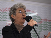 Isabel Camarinha from CGTP, General Confederation of Portuguese Workers in front of the Ministry of Health manifests itself in better condit...