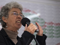 Isabel Camarinha from CGTP, General Confederation of Portuguese Workers in front of the Ministry of Health manifests itself in better condit...