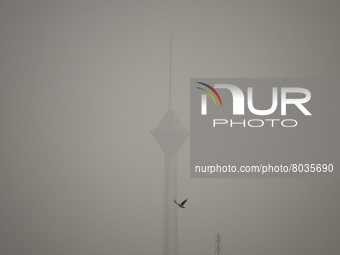 A view of Tehran’s Milad telecommunication tower during a polluted air, on April 8, 2022. (