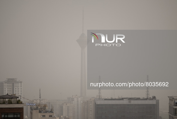 A view of northwestern Tehran and Milad telecommunication tower during a polluted air, on April 8, 2022. 