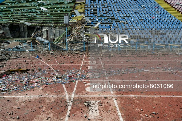 Aftermath of the russian shelling over the Yuri Gagarin stadium in Chernihiv. 