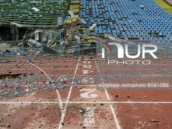 Aftermath of the russian shelling over the Yuri Gagarin stadium in Chernihiv. (