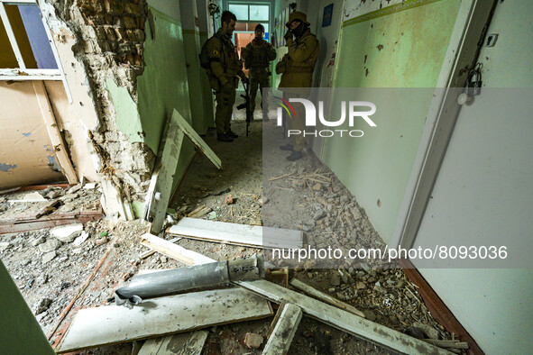 Remains of a russian rocket impact in a school of Luch, a village close to the frontline between the russian and ukrainian armies in the Myk...