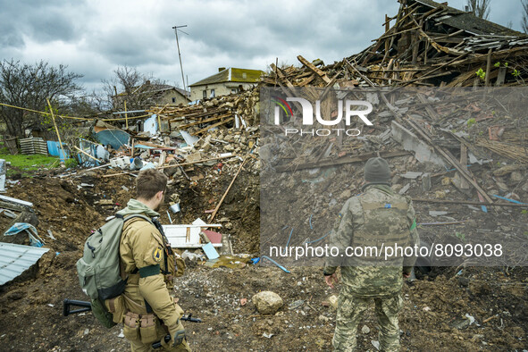 A total destroyed house after a russian bomb shelling in the village of Shevchenkove during the combats in the Mykolaiv region, Ukraine. 