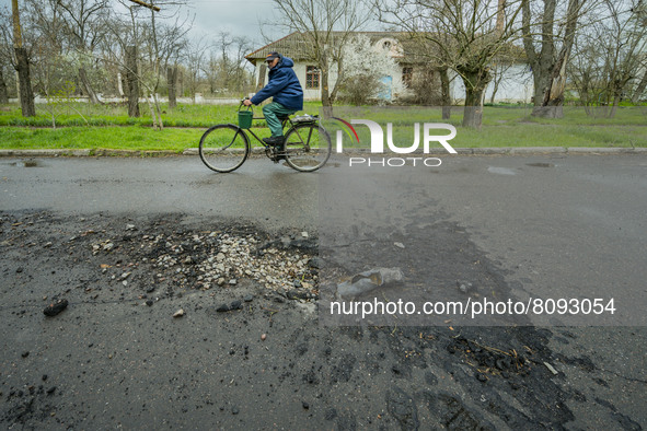 Remains of a rocket impact after a russian shelling over Luch, a village close to the frontline in the Mykolaiv region, Ukraine. 