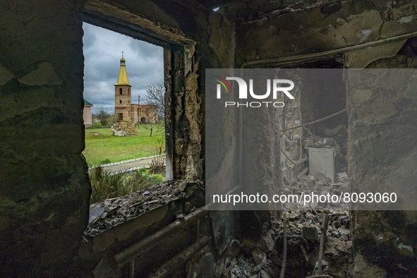 A house burned by the russian shelling over the village of Shevchenkove, near the frontline with combats between russian and ukrainian armie...