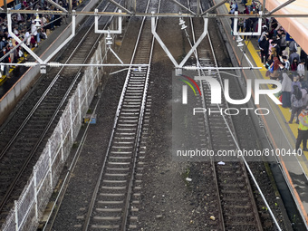 People at Tanah Abang Station, Jakarta, Indonesia, on April 20, 2022 amid the COVID-19 pandemic.(