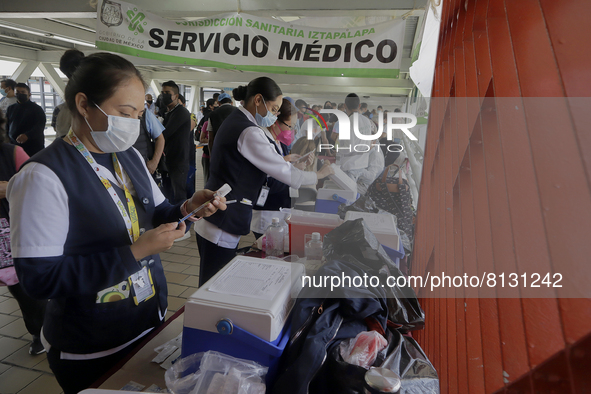 A group of nurses in a vaccination unit at the Constitución de 1917 metro station in Mexico City, where the AstraZeneca biological is being...