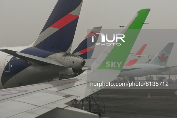 LATAM Airlines, Air Canada and SKY Airline planes seen at Jorge Chavez International Airport in Lima. 
On Monday, 25 April 2022, in Jorge Ch...